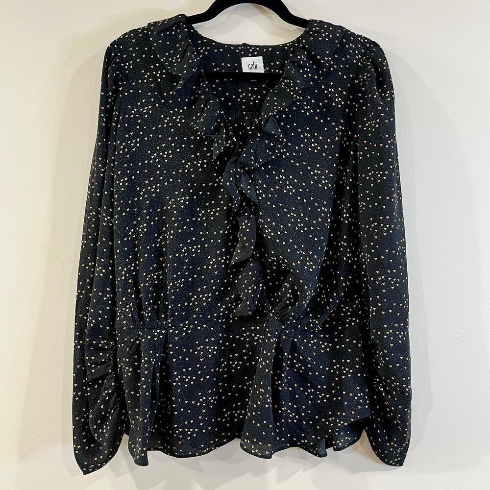 Cabi Eros Black Ruffle Wrap Long Sleeve Heart-Print Blouse size Large